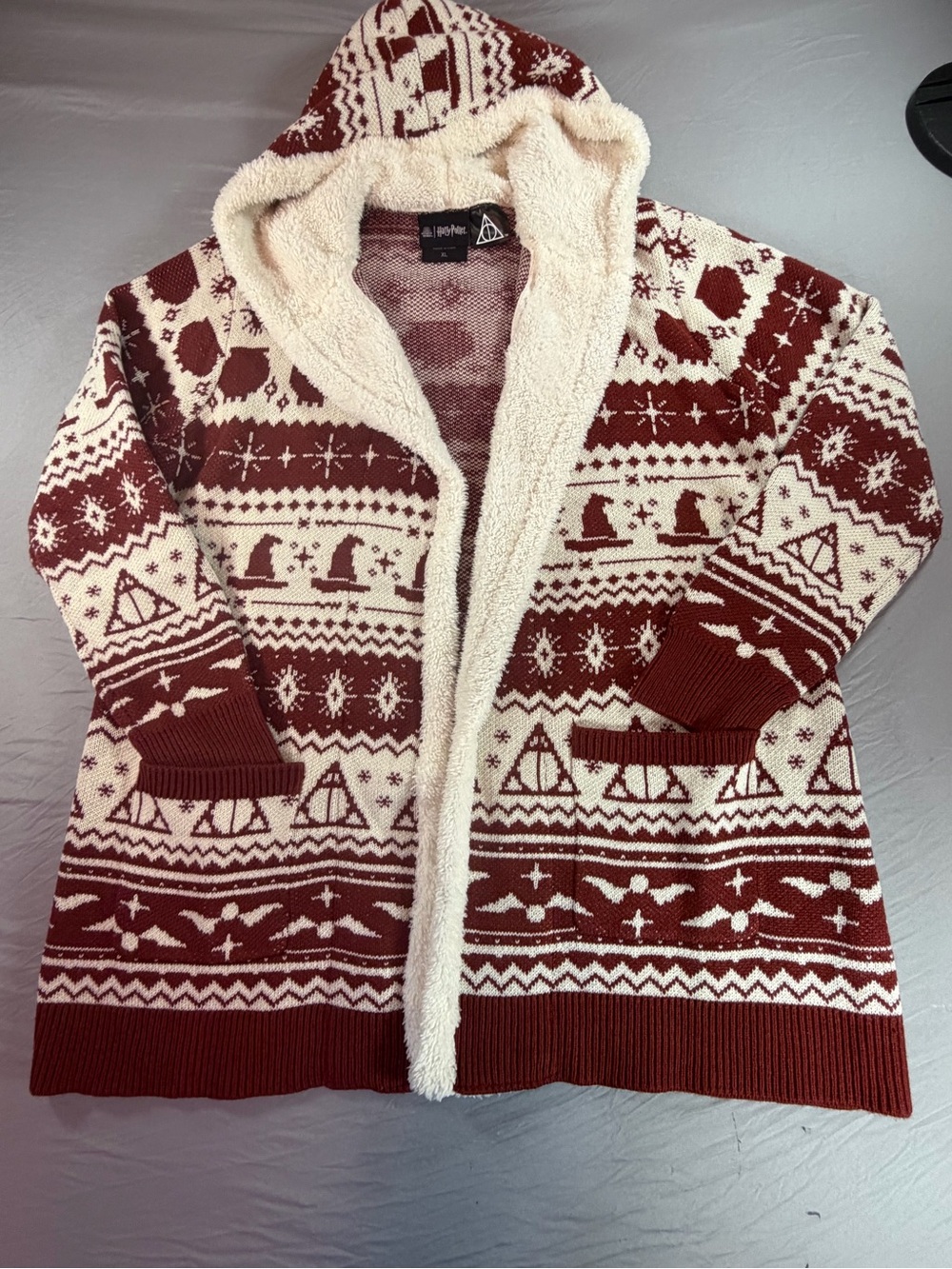 Sherpa-Lined Hooded Fair Isle Cardigan Sweater - Cream & Burgundy